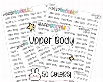 May include: A collection of white sticker sheets featuring the text "WUNDER DOODLE" with a small rabbit icon, and multiple rows of the black text "Upper Body". The sheets include small yellow star graphics and a pink rectangular label with "50 COLORS!" and a rabbit icon.