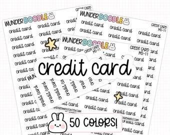 May include: A collection of white stickers with the words "credit card" in a handwritten font. The stickers are from the brand "Wunder Doodle" and include a bunny logo and the text "50 COLORS!"