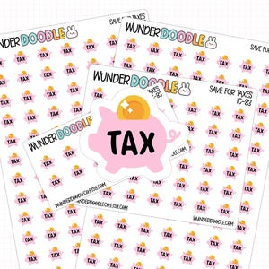 a collection of pink piggy banks with the word "TAX" printed on them, along with the text "WUNDERDOOLE" and "SAVE FOR TAXES".