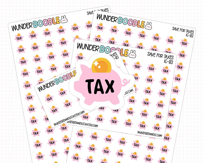 a collection of pink piggy banks with the word "TAX" printed on them, along with the text "WUNDERDOOLE" and "SAVE FOR TAXES".
