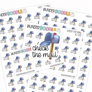 May include: Sheets of stickers featuring a blue mailbox with the text "check the mail." The stickers are in various sizes and arrangements, with the WUNDER DOODLE logo and website address visible.