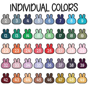 May include: A colour chart titled INDIVIDUAL COLORS featuring fifty small rabbit head icons arranged in five rows of ten. Each icon is a solid colour with a white number from 1 to 50 centred inside, displaying a wide spectrum of shades.