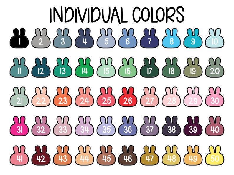 May include: A colour chart titled INDIVIDUAL COLORS featuring fifty small rabbit head icons arranged in five rows of ten. Each icon is a solid colour with a white number from 1 to 50 centred inside, displaying a wide spectrum of shades.