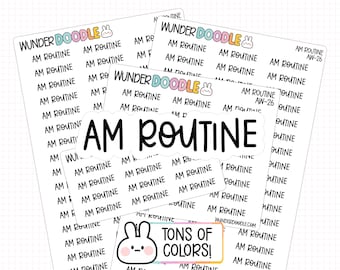 May include: A collection of white sticker sheets with the text "AM ROUTINE" in various sizes and fonts. Some stickers feature the WUNDERDOODLE logo and a bunny illustration. One sticker reads "TONS OF COLORS!"