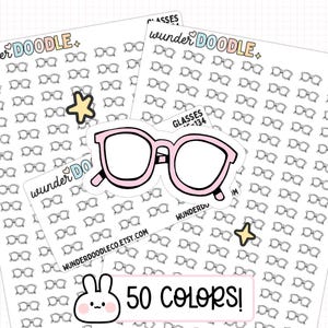 Könnte beinhalten: Ein Blatt mit 50 schwarzen und weißen Brillen-Stickern mit dem Text "wunder DOODLE" und "GLASSES IC-134". Am unteren Rand des Blattes befindet sich ein größerer Sticker mit pinkfarbenen Brillen und dem Text "50 COLORS!"