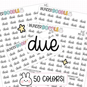 May include: A collection of white stickers with the word "due" in a handwritten font. The stickers feature the text "due" repeated, along with the "Wunder Doodle" logo and a bunny illustration. Some stickers have a star graphic.