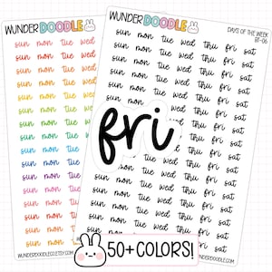 May include: Two sticker sheets with days of the week in a handwritten font. One sheet has rainbow-colored text, the other has black text. A sticker that says "fri" is in the center. The text "50+ COLORS!" is at the bottom.