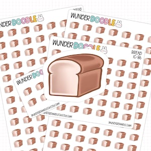 May include: Sheets of stickers featuring bread illustrations. The stickers have a white background with a repeating pattern of small bread loaf images. A larger bread loaf sticker is in the center. The text "Wunder Doodle" and "Bread IC-86" are visible.