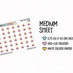 The image is a medium-sized sheet of stickers with various tax-related icons, such as a piggy bank, calculator, and tax forms. The sheet is accompanied by text that provides information about the sheet, including its size, the number of stickers, and the type of paper it comes on.