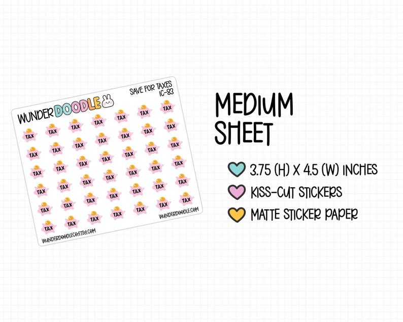 The image is a medium-sized sheet of stickers with various tax-related icons, such as a piggy bank, calculator, and tax forms. The sheet is accompanied by text that provides information about the sheet, including its size, the number of stickers, and the type of paper it comes on.