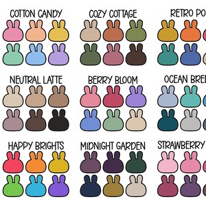 May include: A colour palette chart featuring nine groups of six bunny-shaped icons, each labelled with names like Cotton Candy, Cozy Cottage, Retro Pop, Neutral Latte, Berry Bloom, Ocean Breeze, Happy Brights, Midnight Garden, and Strawberry Milk.