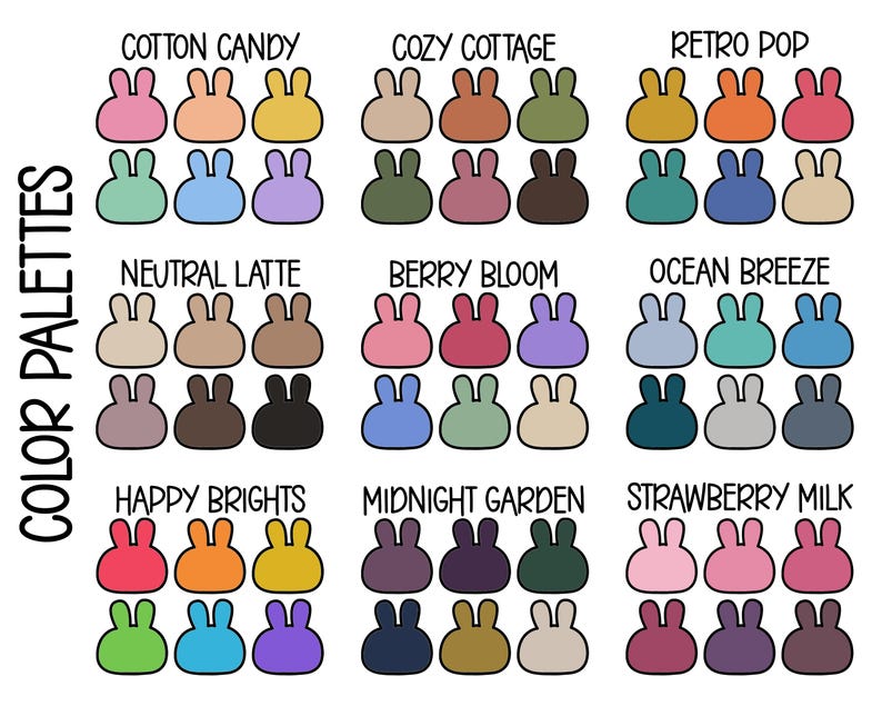 May include: A colour palette chart featuring nine groups of six bunny-shaped icons, each labelled with names like Cotton Candy, Cozy Cottage, Retro Pop, Neutral Latte, Berry Bloom, Ocean Breeze, Happy Brights, Midnight Garden, and Strawberry Milk.