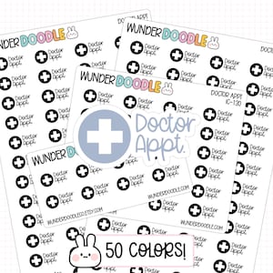 May include: A collection of white sticker sheets with black and white "Doctor Appt" text and cross symbols. The stickers are from "Wunder Doodle" and include a sticker with a light blue cross symbol and the text "Doctor Appt". The image also includes the text "50 COLORS!"