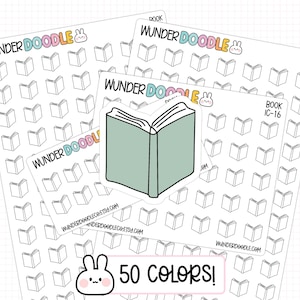 May include: Three sticker sheets featuring rows of small black and white book icons, with the text WUNDERDOODLE and a rabbit icon at the top. A single, larger, sage green colored book sticker is placed in the center. The text 50 COLORS! is visible.