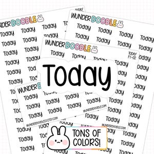 May include: Three white sticker sheets featuring the text Today in a black sans-serif font, with the brand name WUNDER DOODLE and a small rabbit icon at the top. A single large die-cut sticker with the word Today is centered over the sheets.