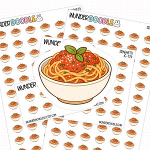 Puede incluir: Hojas de pegatinas con ilustraciones de dibujos animados de espaguetis en cuencos blancos, cubiertos con salsa roja y albahaca. Las pegatinas están etiquetadas como "Spaghetti IC-174" y "Wunder Doodle". El fondo tiene un patrón de cuadrícula.