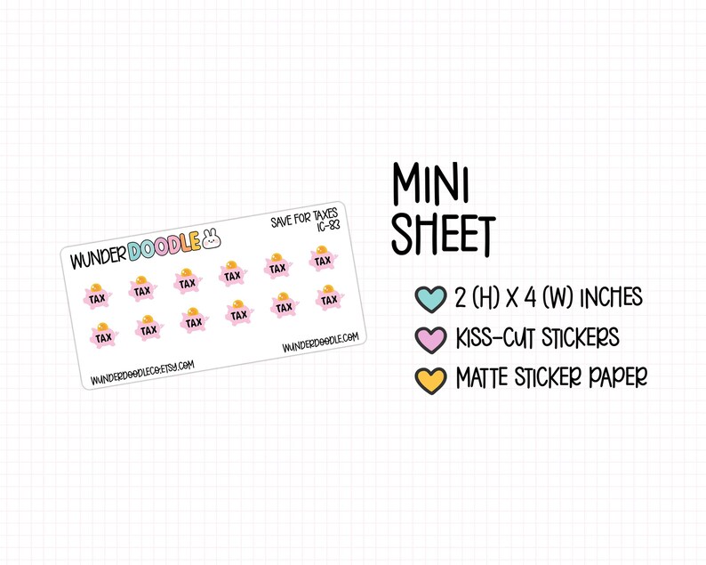 a mini sheet with a grid of pink and yellow stickers, along with text indicating the sheet's purpose and dimensions.