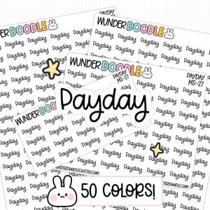 May include: A collection of planner stickers with the word "Payday" in a handwritten font. The stickers are white with black text and feature the "Wunder Doodle" logo and a bunny illustration. The text "50 Colors!" is also visible.
