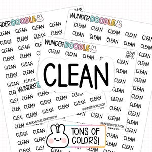 Könnte beinhalten: Eine Sammlung weißer Aufkleberbögen mit dem Wort CLEAN in schwarzen Großbuchstaben. Das Branding WUNDERDOODLE mit einem kleinen Hasensymbol erscheint oben. Ein großer gestanzter Aufkleber zeigt CLEAN und ein kleines Etikett sagt TONS OF COLORS!