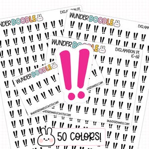 May include: A collection of sticker sheets featuring rows of black exclamation point icons with the text WUNDERDOODLE and a rabbit icon at the top. A single large pink exclamation point sticker is layered on top of the sheets, and a label reads 50 COLORS!