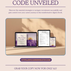May include: A digital ebook titled The Recruiter Code Unveiled displayed on a laptop, tablet, and smartphone. The screens show the book cover with purple mountains and a sun graphic, alongside a table of contents page on a light beige background.