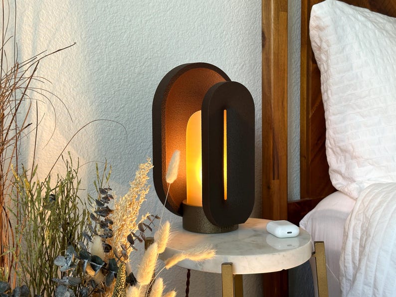 Turned On Mid Century Modern Bedside Lamp with a dimmable light and smart LED APP control.