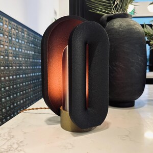 Unique Black Mid Century Modern Bedside Lamp with a dimmable light and smart LED APP control.
