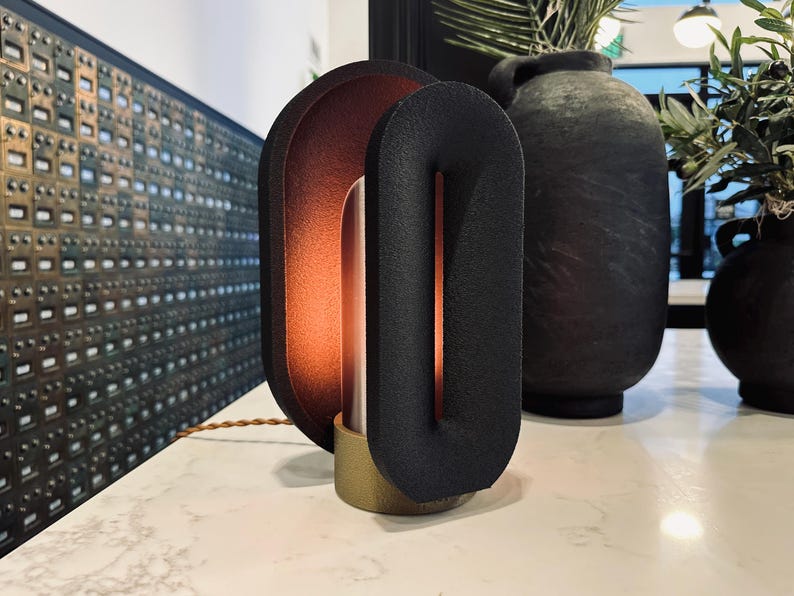 Unique Black Mid Century Modern Bedside Lamp with a dimmable light and smart LED APP control.