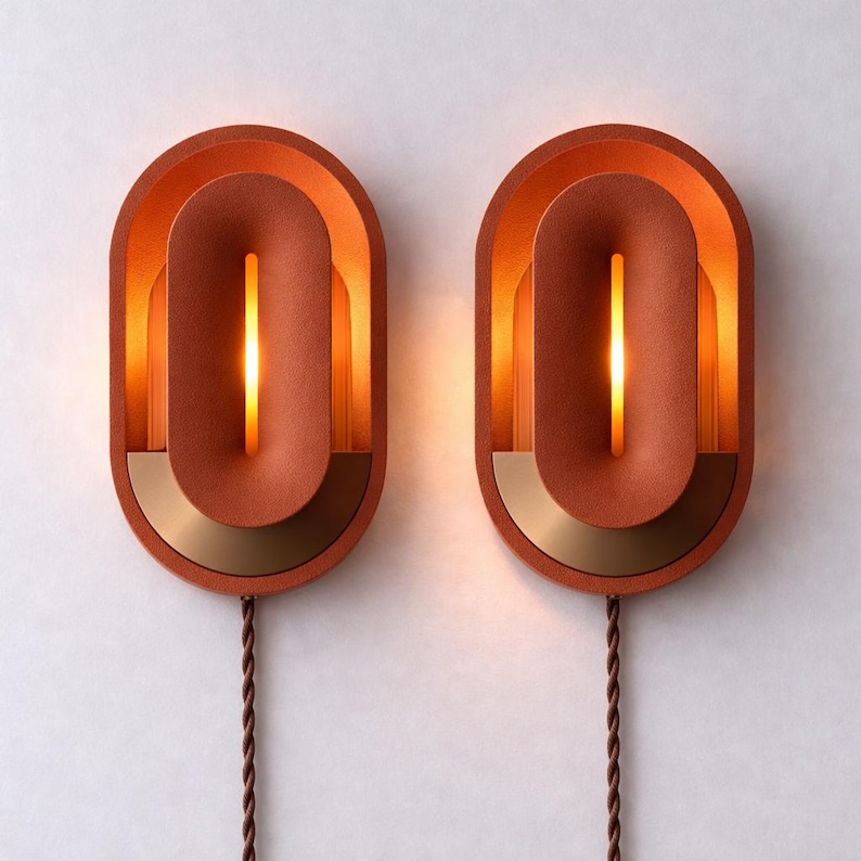 Plug In Wall Sconce Dimmable Bedroom Lamp, Mid Century Modern Bedside Light, Unique Wall Sconce with smart APP control. Terracotta / Bronze