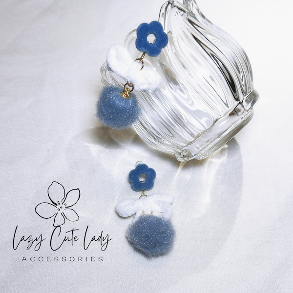 Fresh Breeze: Blue Felt Ball and Flower Bow Earrings- Handcrafted Fluffy Earrings- Cute Earrings- Gift - for girl for women