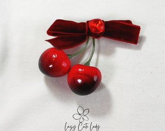 Red Velvet Bow with Cherry Hair Clip - Cute Hair Accessory - for girl for women - gift