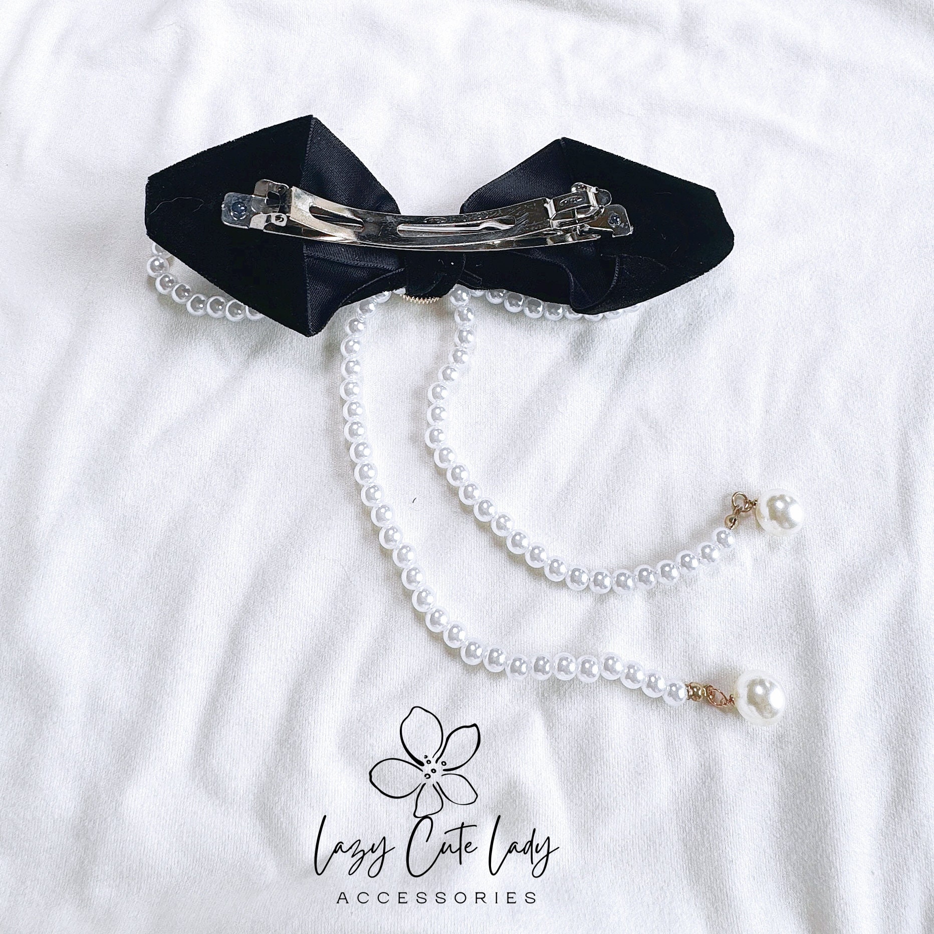 Vintage Haarspange Aus Schwarzem Samt – Mit Perle, Französische Schleife, Elegantes Haarschmuck-Accessoire