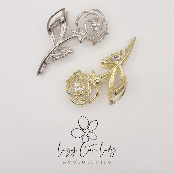 Rose Hair Claw Clip: Rhinestone Flower, Elegant Metal  display picture 1
