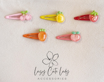 Fruit Snap Hair Clips: Resin Strawberry, Cherry, Peach, Pineapple, Carrot