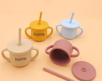 Copo de silicone personalizado com canudo | Copo para bebê personalizado com nome | Copo de treinamento para bebês | Copo de silicone gravado para presente