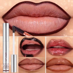 Puede incluir: Primer plano de labios con delineador de labios marrón oscuro aplicado. La imagen muestra la aplicación de delineador de labios y varios tonos de brillo labial. Se ve un tubo plateado de "LIP LINER", con la marca "FAFAMOON" y detalles del producto.