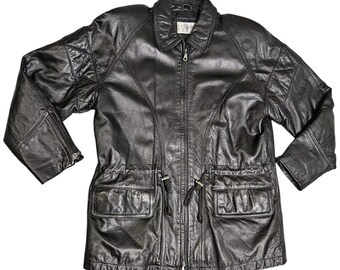 Vtg D'Linea Black Leather Jacket Soft Full Zip Men Women Small Lined Cinch Waist