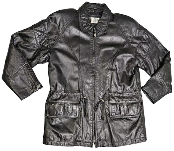 Vtg D'linea Black Leather Jacket Soft Full Zip Men Women Small