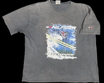 Vtg Tommy Hilfiger Skiing T-Shirt USA Streetwear Grunge Indie Sleaze Gray 2XL