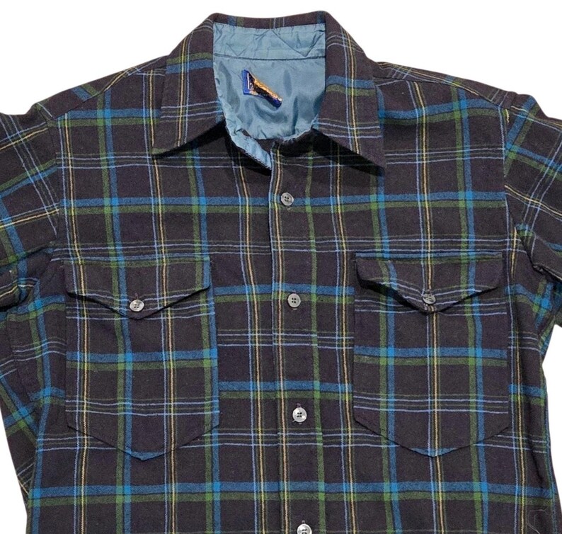 Vintage Pendleton Shirt Button-Up Virgin Wool Plaid Flannel Blue Green Mens 14.5 image 3