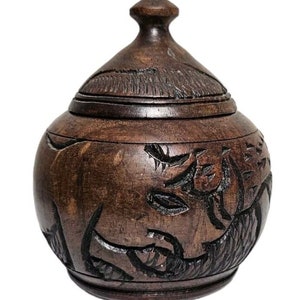 Vintage Hand Carved Trinket Box Cinnabar Jar Lidded Dark Wood Rhino Tree African