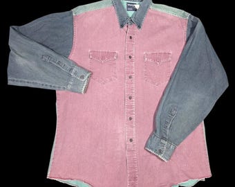 Vtg Wrangler X-Long Tails Western Shirt Colorblock USA Button Down 17.5x36 XL