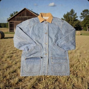 May include: A light blue denim jacket with a tan corduroy collar. The jacket has two large front pockets, button closures, and a classic workwear style. The jacket is a medium wash denim.