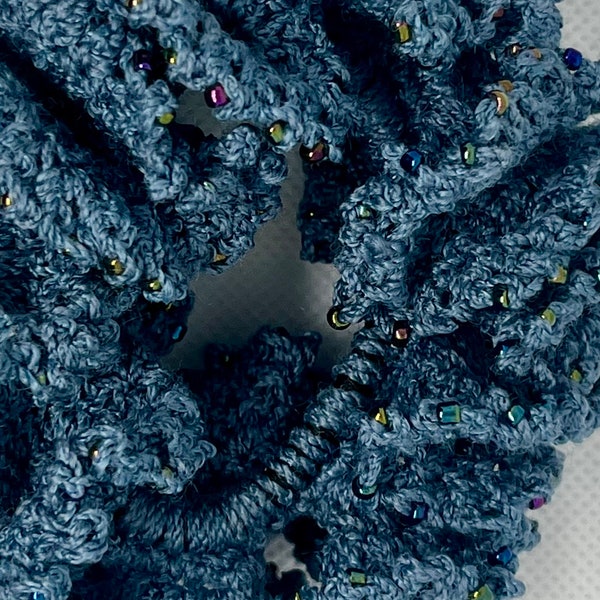 Fancy Blue Beaded Scrunchie