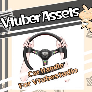 May include: Black steering wheel with colorful buttons and a white background. The text "Car Handle For Vtubestudio" is written below the steering wheel.