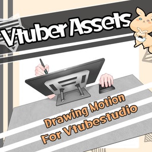Puede incluir: Una tableta gráfica con un lápiz y un ratón en un escritorio. El texto "Drawing Motion for Vtubestudio" está en el escritorio. La imagen es un tutorial para crear movimiento de dibujo para Vtubers.