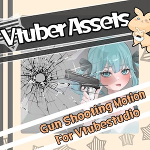 以下が含まれることがあります： Vtuberアセットを宣伝するデジタルアート。画像には、銃を持っている青い髪の漫画の女の子が、ひびの入ったガラスの効果で描かれています。「Vtuber Assets」と「Gun Shooting Motion For Vtubestudio」というテキストが含まれています。漫画のカンガルーもいます。