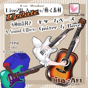 Pode incluir: Uma imagem com três guitarras: uma guitarra elétrica turquesa, uma guitarra elétrica branca e uma guitarra acústica castanha. A imagem inclui o texto "Guitar & Base" e "4 Sound Effects". O texto também diz "Color Customizable".