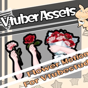May include: Digital art featuring three illustrations of flowers held by hands. The text "Vtuber Assets" is at the top, and "Flower Motion For Vtubestudio" is at the bottom. A cartoon kangaroo is in the upper right corner.