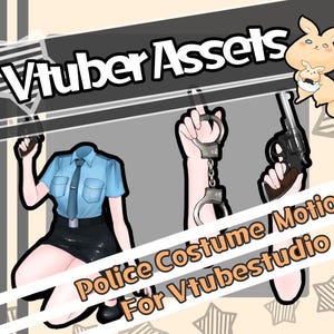 Könnte beinhalten: Illustration eines Polizei-Kostüms für Vtubestudio. Das Bild zeigt ein blaues Polizeihemd, einen schwarzen Rock, Handschellen und eine Pistole. Der Text enthält "Vtuber Assets" und "Police Costume / Motion For Vtubestudio". Ein Cartoon-Känguru ist ebenfalls vorhanden.